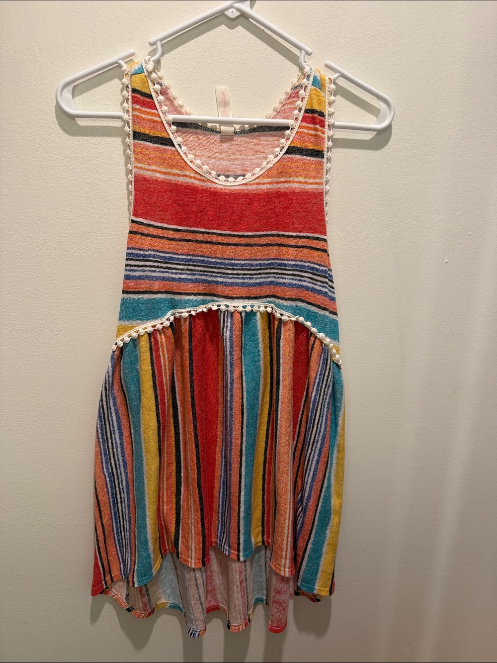 Multicolor Striped Casual Tank Mini Dress or Tank Top with Crochet Trim Size Sm